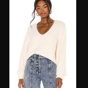 Free People Icing Fuzzy Knit V Neck Pullover Sweater Ivory Size XS OVersized